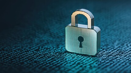 A digital padlock sits on a binary code background, symbolizing cybersecurity and data protection.