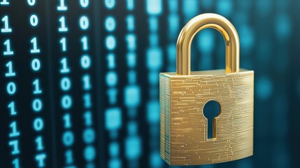 A golden padlock is prominently displayed in front of a backdrop of binary code, symbolizing cybersecurity and digital protection.