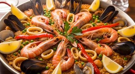 Delicious spanish paella with seafood, rice, and lemon wedges