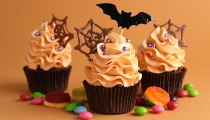 Delicious cupcakes with bat topper, chocolate web, sprinkles and candies on orange background, closeup. Halloween celebration