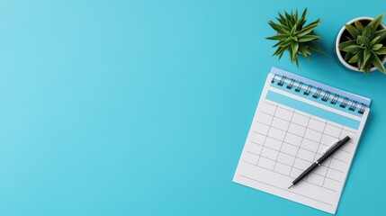 A modern workspace featuring a calendar, a pen, and potted plants against a vibrant blue background.