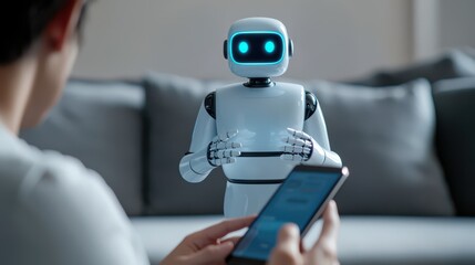 A humanoid robot interacts with a person holding a smartphone, showcasing advanced technology and human-robot communication in a modern living space.