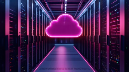 A futuristic data center featuring illuminated servers and a glowing cloud icon, symbolizing cloud computing and digital technology.