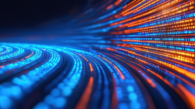 A vibrant digital landscape showcasing flowing lines of blue and orange data streams, symbolizing technology and connectivity.