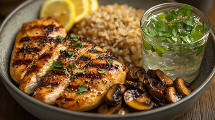 Healthy Eating Mindset: Grilled Chicken Meal from Top Down Perspective