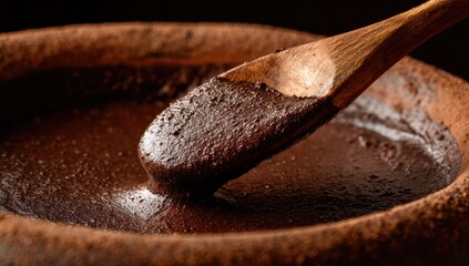 Dark, rich chocolate paste in a clay bowl, wooden spoon