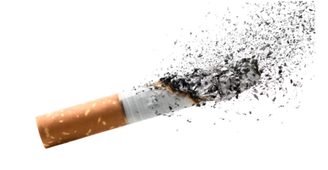 A burning cigarette with smoke and ash, isolated on a white background. Highlights the harmful habit of smoking, nicotine addiction, and toxic effects of tobacco. Close-up of the filter, cigarette tip