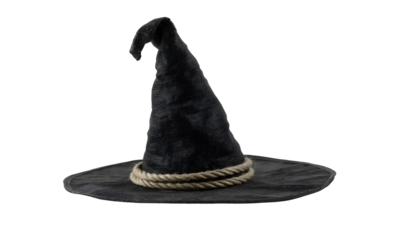 The image shows a classic pointed witch’s hat. It’s black and crinkled in texture, with a wide floppy brim. Around the base of the cone, there is a coarse rope tied as a hatband, giving it a rustic, 