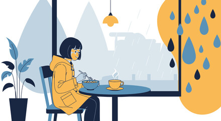 Cozy rainy day at a cafe, enjoying a warm breakfast and coffee with peaceful scenery