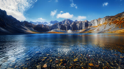 The Changbaishan Tianchi: A Majestic Volcanic Crater Lake on the China-North Korea Border in Jilin, China—Boasting Crystal-Clear Blue Water, Surrounded by Snow-Capped Peaks & Coniferous Forests, Ideal