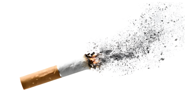 A burning cigarette with smoke and ash, isolated on a white background. Highlights the harmful habit of smoking, nicotine addiction, and toxic effects of tobacco. Close-up of the filter, cigarette tip