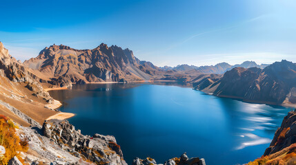The Changbaishan Tianchi: A Majestic Volcanic Crater Lake on the China-North Korea Border in Jilin, China—Boasting Crystal-Clear Blue Water, Surrounded by Snow-Capped Peaks & Coniferous Forests, Ideal