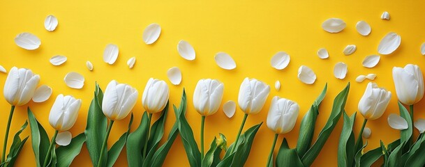 White tulips with scattered petals on a bright yellow background, creating a floral composition