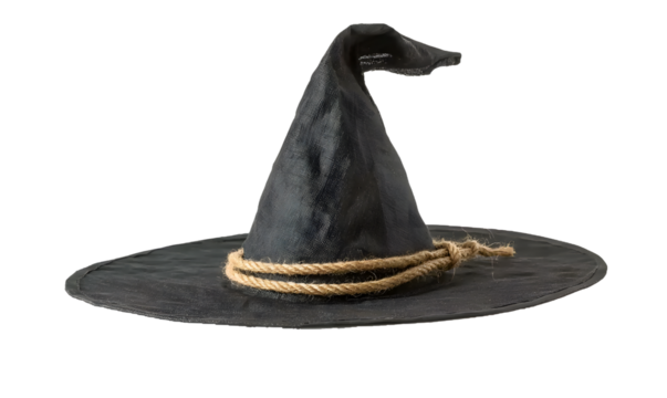 The image shows a classic pointed witch’s hat. It’s black and crinkled in texture, with a wide floppy brim. Around the base of the cone, there is a coarse rope tied as a hatband, giving it a rustic, 