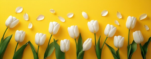 White tulips with green stems, leaves and petals scattered against a vibrant yellow background