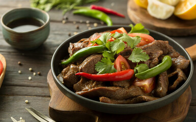 Lomo saltado is beef fried in soy sauce with chili, fresh coriander and tomatoes.