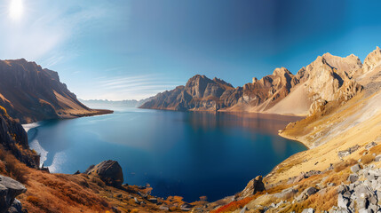 The Changbaishan Tianchi: A Majestic Volcanic Crater Lake on the China-North Korea Border in Jilin, China—Boasting Crystal-Clear Blue Water, Surrounded by Snow-Capped Peaks & Coniferous Forests, Ideal