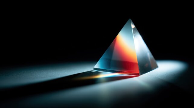 A glass prism pyramid refracts light, creating a colorful spectrum in a dark setting. Crisp lines and vibrant hues highlight the geometry and optical effect.