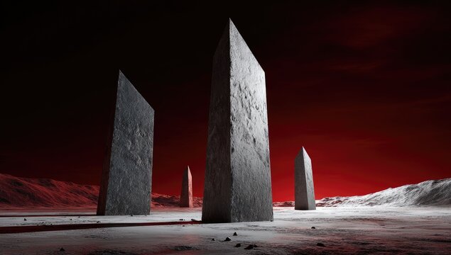 Standing stone monoliths in a stark, alien desertscape