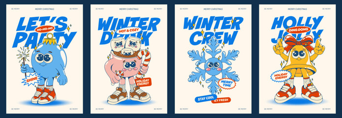 Contemporary Groovy retro holiday poster set with Christmas ornament ball, cocoa with marshmallows, snowflake and jingle bell in cute vintage mascot art. Cute xmas card.