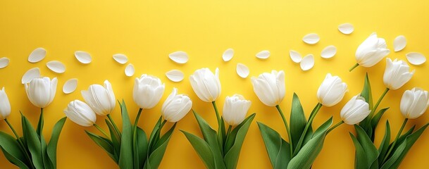 White tulips and scattered petals against a vibrant yellow backdrop, creates a springtime floral design