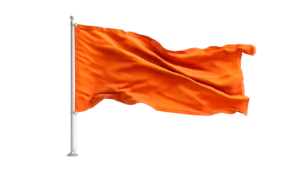 A wind flag waving in the air, isolated against a clear blue sky. The fabric moves gracefully with the wind, showing motion, direction, and weather activity.