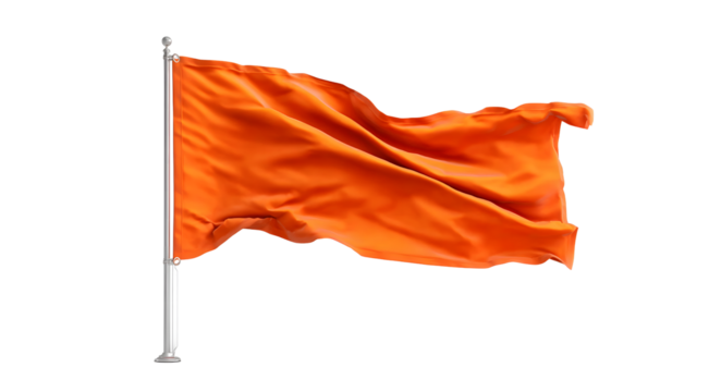 A wind flag waving in the air, isolated against a clear blue sky. The fabric moves gracefully with the wind, showing motion, direction, and weather activity.
