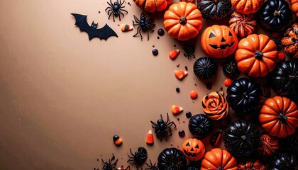 Artistic arrangement of pumpkins and bats in festive seasonal design, nostalgic household charm, domestic autumn decorative atmosphere photographed with warm composition and aesthetic detail.