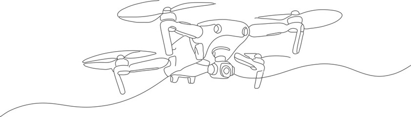 Simple Outline Style Drone with Camera Above Landscape Illustration