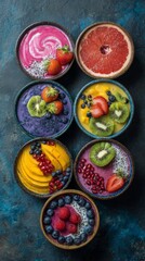 Colorful smoothie bowls with fresh fruits and vibrant toppings arranged artistically on a textured surface