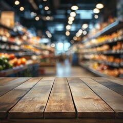 A wooden table foregrounds a blurred supermarket interior, with shelves stocked with groceries