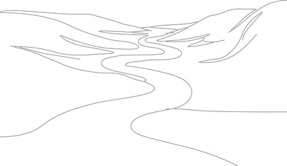 Simple Outline Winding River Landscape Drawing with Mountain Background Illustration