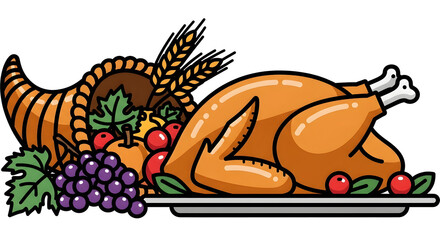 Thanksgiving feast line-art. Bold illustrations of a roasted turkey, cornucopia, grapes, and wheat stalks. Rich and festive color palette of cranberry red, harvest gold, and deep green