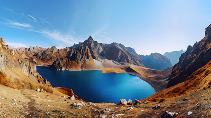The Changbaishan Tianchi: A Majestic Volcanic Crater Lake on the China-North Korea Border in Jilin, China—Boasting Crystal-Clear Blue Water, Surrounded by Snow-Capped Peaks & Coniferous Forests, Ideal