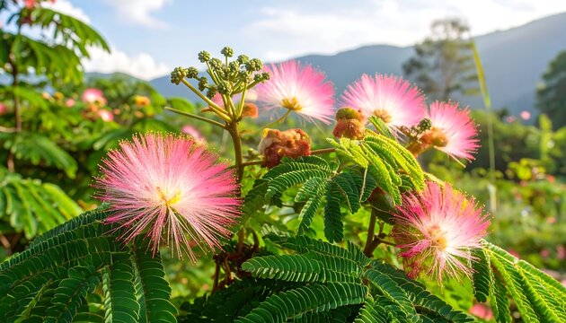 Vibrant pink flowers in lush green foliage against a backdrop of mountains - Powered by Adobe