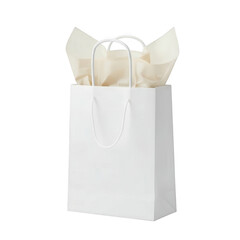 White paper shopping bag with tissue paper isolated on transparent background
