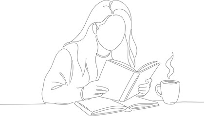 Minimalist Line Art Woman Reading Book with Coffee Mug Illustration