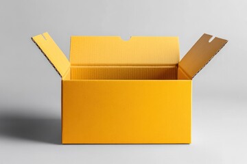A bright yellow, empty, cardboard box with open flaps, casting shadows
