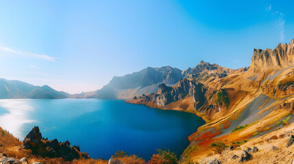 The Changbaishan Tianchi: A Majestic Volcanic Crater Lake on the China-North Korea Border in Jilin, China—Boasting Crystal-Clear Blue Water, Surrounded by Snow-Capped Peaks & Coniferous Forests, Ideal