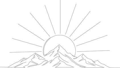 Minimalist Line Art Mountain Range Sunrise Landscape Scene Illustration