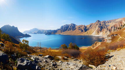 The Changbaishan Tianchi: A Majestic Volcanic Crater Lake on the China-North Korea Border in Jilin, China—Boasting Crystal-Clear Blue Water, Surrounded by Snow-Capped Peaks & Coniferous Forests, Ideal