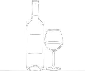 Simple Outline Wine Bottle and Glass Line Art Drink Illustration