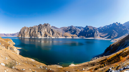 The Changbaishan Tianchi: A Majestic Volcanic Crater Lake on the China-North Korea Border in Jilin, China—Boasting Crystal-Clear Blue Water, Surrounded by Snow-Capped Peaks & Coniferous Forests, Ideal