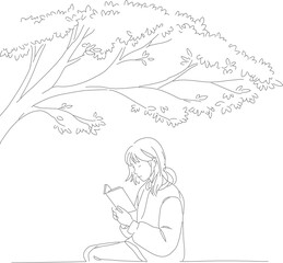 Line Art Woman Reading Book Under Tree in Nature Illustration