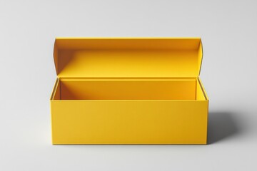 An open, rectangular, bright yellow box against a simple white backdrop