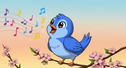 Obraz premium Singing bluebird with musical notes and blooming branches in illustration