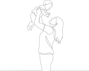 Minimalist Outline Drawing Mother Lifting Baby Silhouette Family Illustration