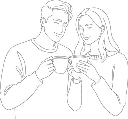 Minimalist Outline Illustration Couple Holding Cup Warm Drink Together People