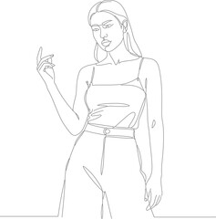 Minimalist Line Art of Woman Posing with Smartphone Illustration