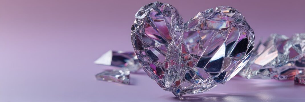 Faceted crystal heart with shards on soft purple
